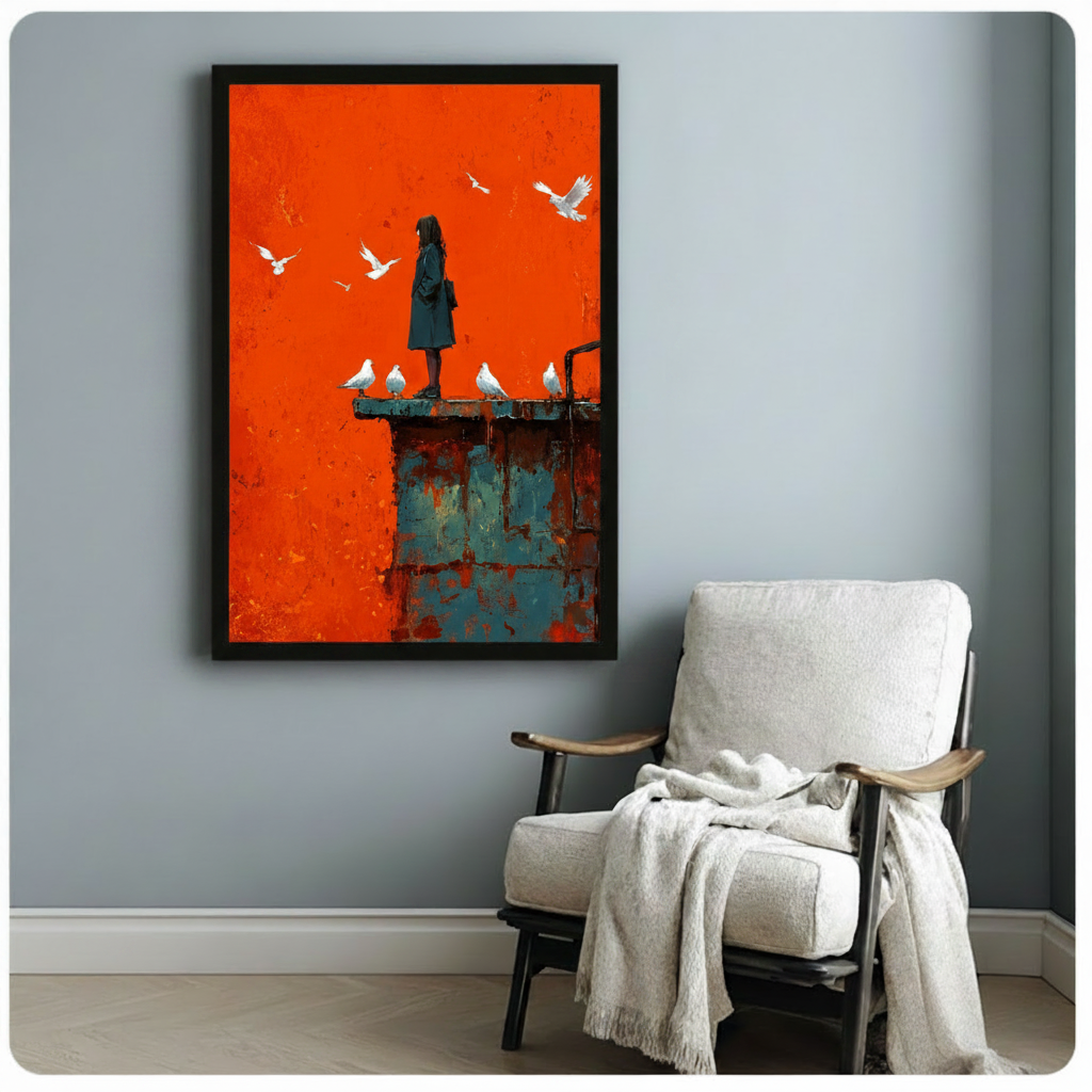 Girl and White Doves Bold Orange Canvas Wall Art