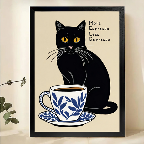 More Espresso Less Depresso Black Cat Wall Art - Funny Coffee Canvas Print