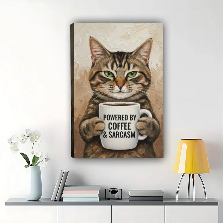 Cat Coffee Wall Art - Powered by Coffee & Sarcasm Print