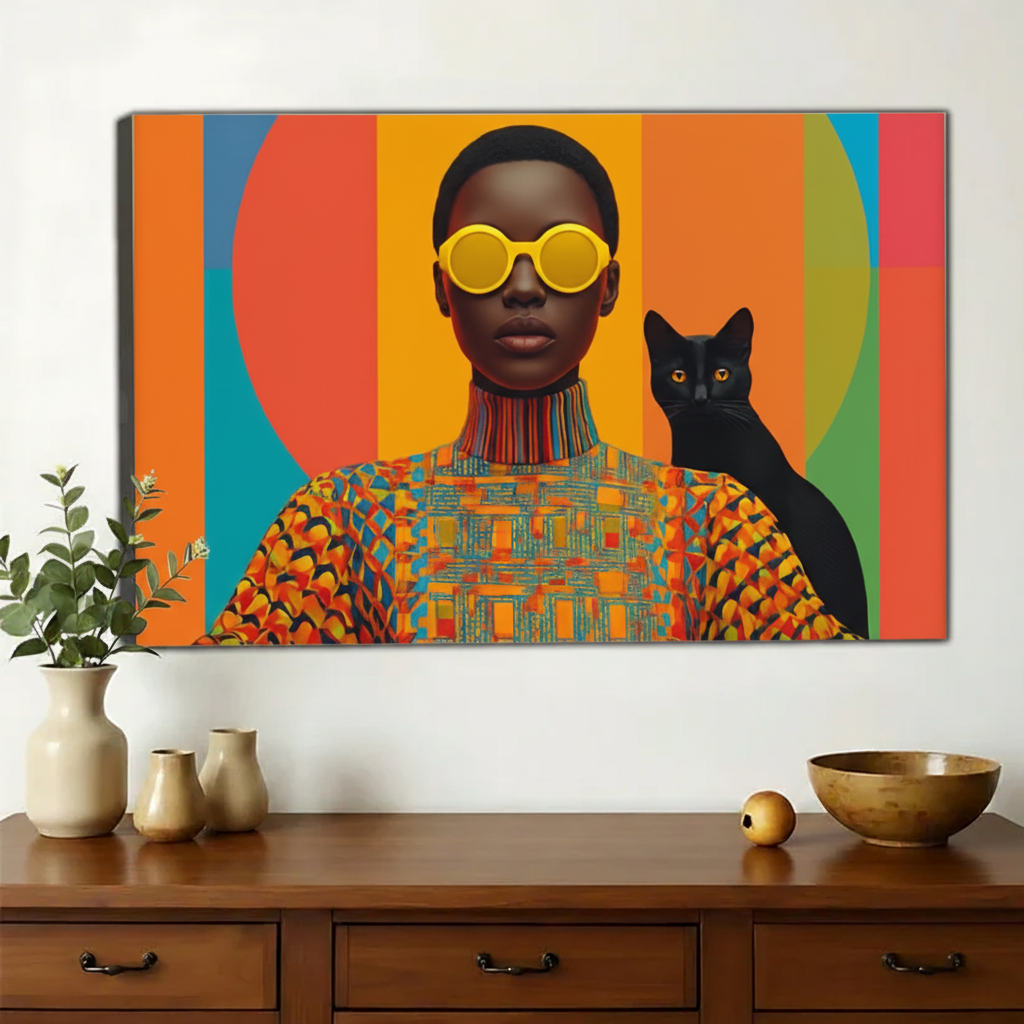 Afrofuturist Woman & Black Cat Wall Art – Bold Pop Art Fashion Canvas Print on Natural Wood Frame