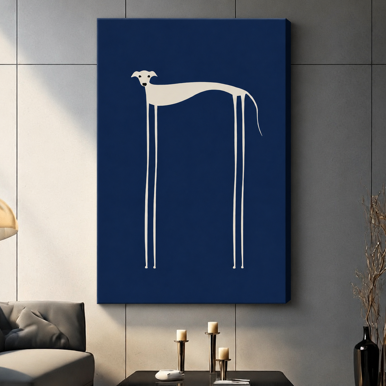 Minimalist Greyhound Navy Blue Framed Canvas Art