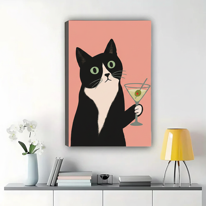 Tuxedo Cat with Martini Glass Wall Art – Whimsical Pop Art Cat Canvas Print on Natural Wood Frame