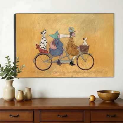 Merrily We Go Along Tandem Bicycle Wall Art – Whimsical Folk Art Canvas Print on Natural Wood Frame