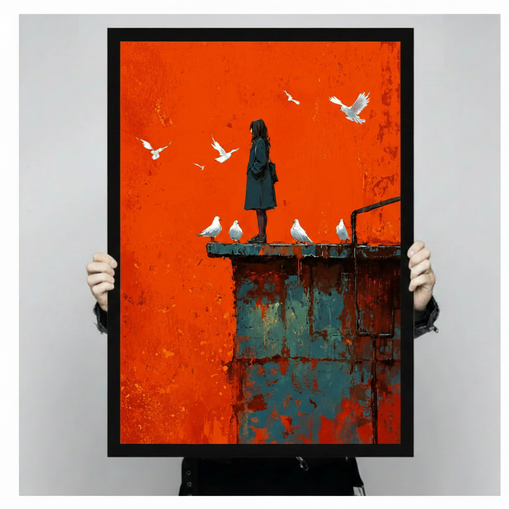 Girl and White Doves Bold Orange Canvas Wall Art