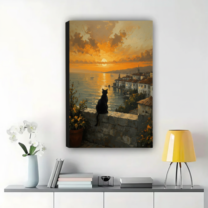Black Cat Overlooking Mediterranean Sunset Wall Art – Golden Hour Landscape Canvas Print on Natural Wood Frame