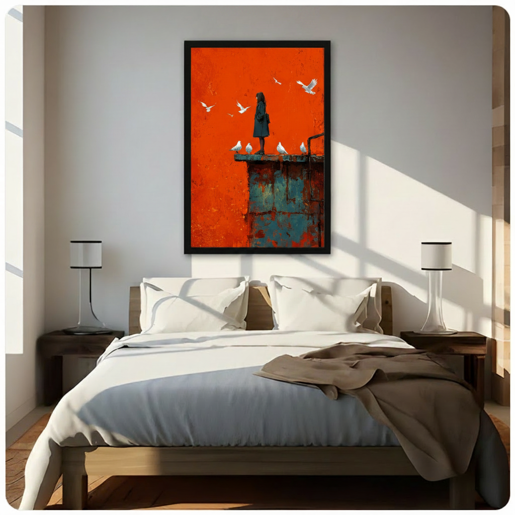 Girl and White Doves Bold Orange Canvas Wall Art