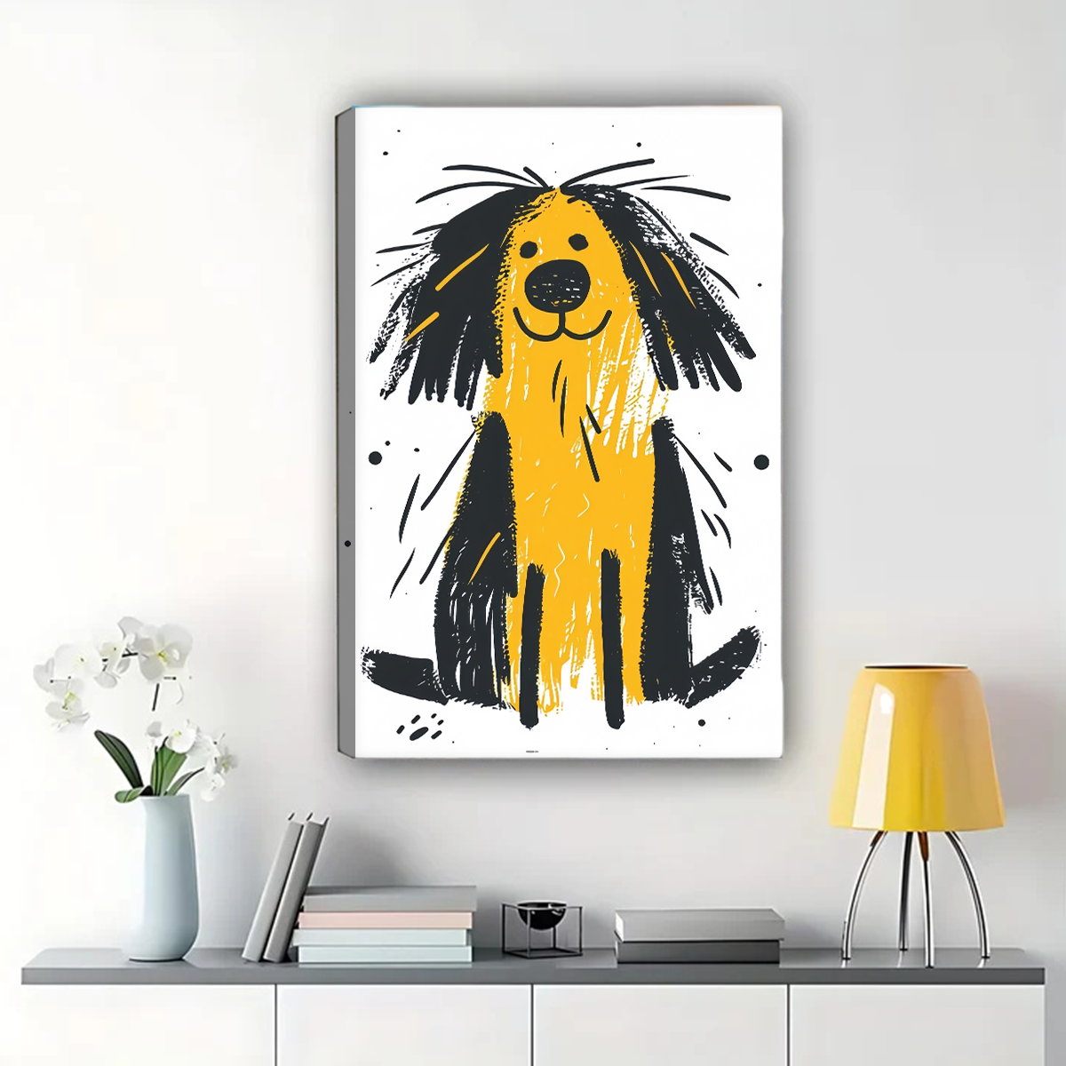 Happy Shaggy Dog Wall Art - Cheerful Yellow Black Print
