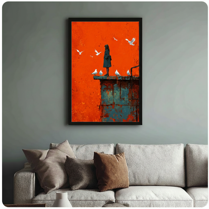 Girl and White Doves Bold Orange Canvas Wall Art