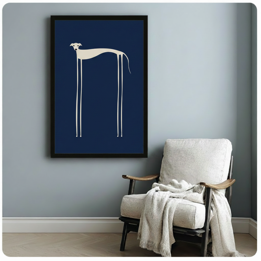 Minimalist Greyhound Navy Blue Framed Canvas Art
