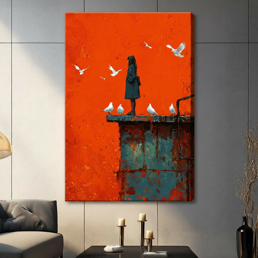 Girl and White Doves Bold Orange Canvas Wall Art