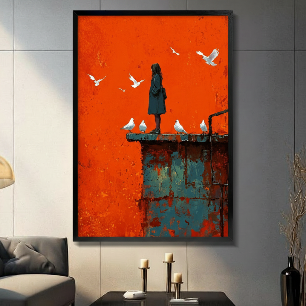 Girl and White Doves Bold Orange Canvas Wall Art