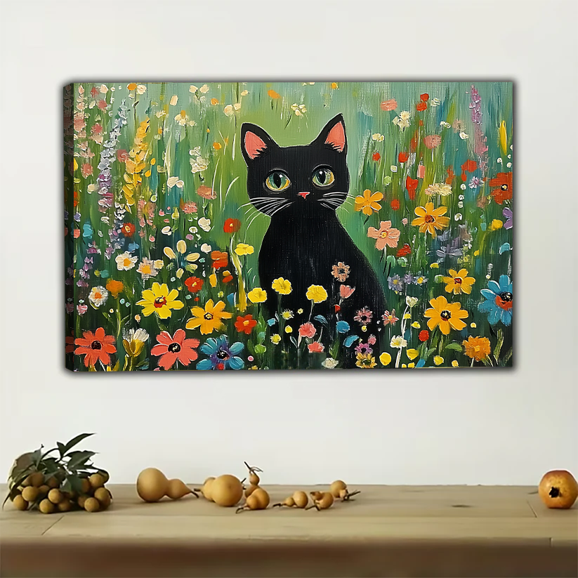 Black Cat in Wildflowers Canvas Wall Art - Colorful Garden Print