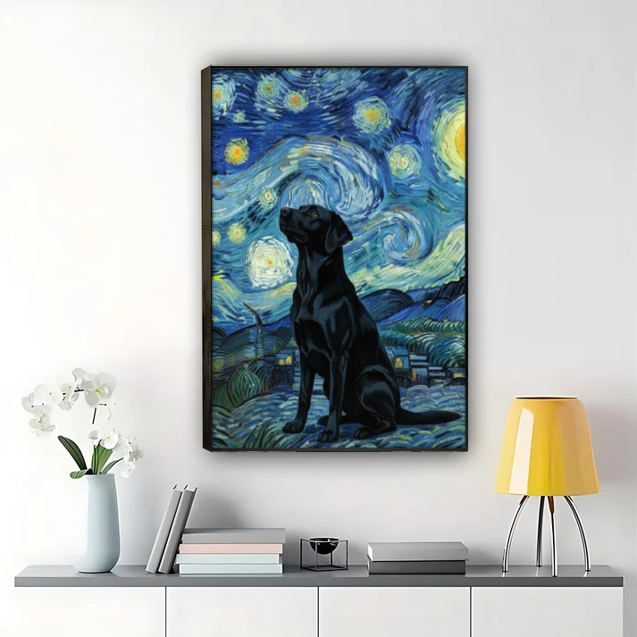 Starry Night Inspired Dog Canvas Art – Elegant Pet Wall Decor