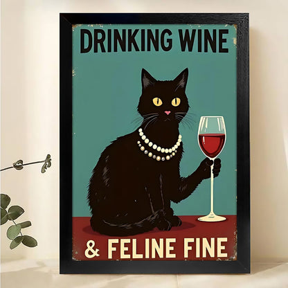 The Wine-Loving Feline Fine Cat – Retro Chic Wall Art on Natural Wood Canvas