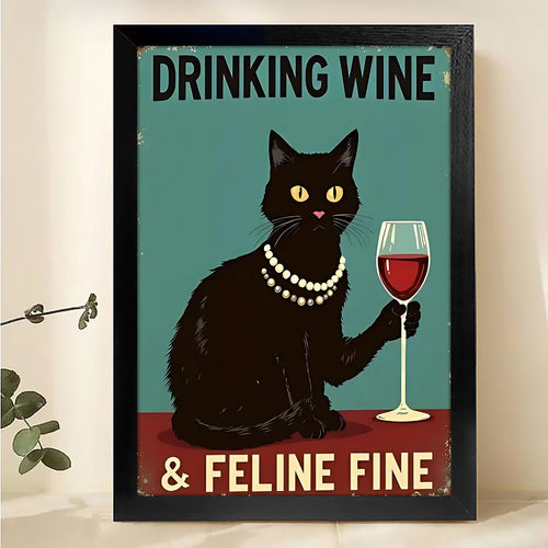 The Wine-Loving Feline Fine Cat – Retro Chic Wall Art on Natural Wood Canvas