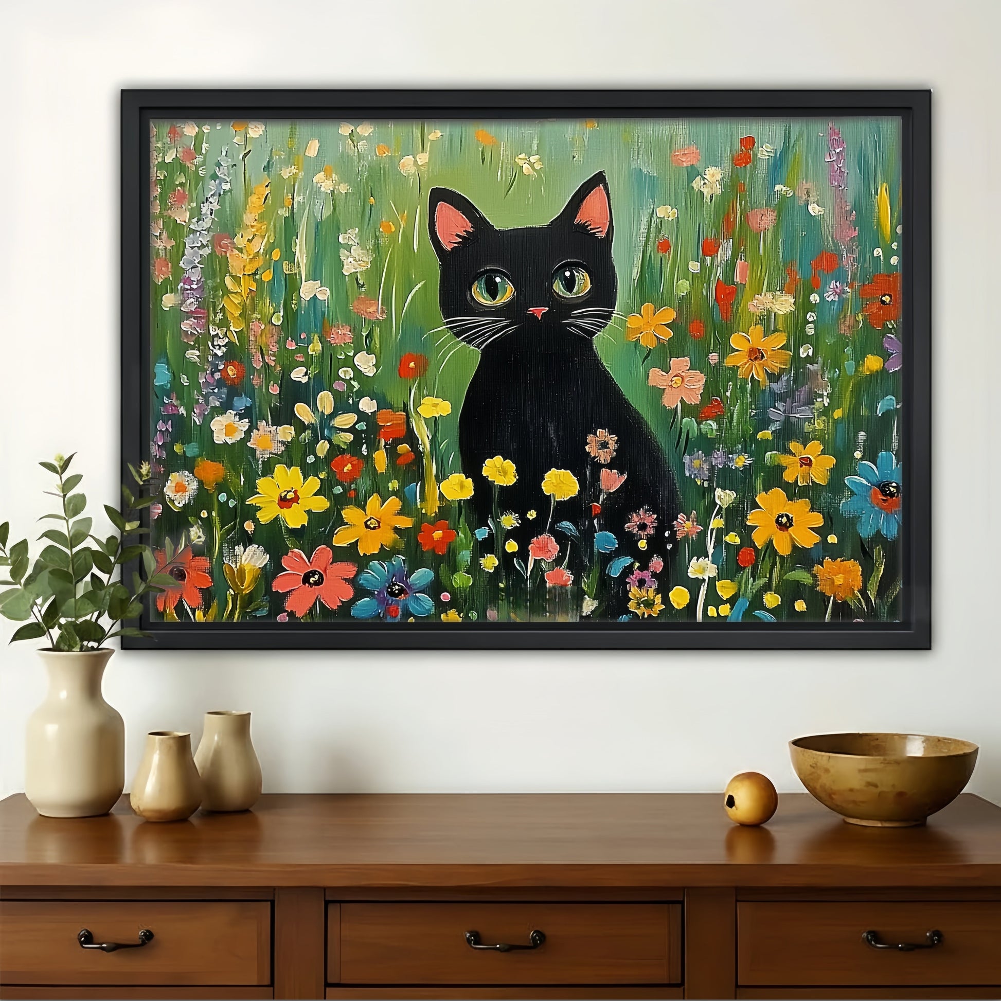 Black Cat in Wildflowers Canvas Wall Art - Colorful Garden Print