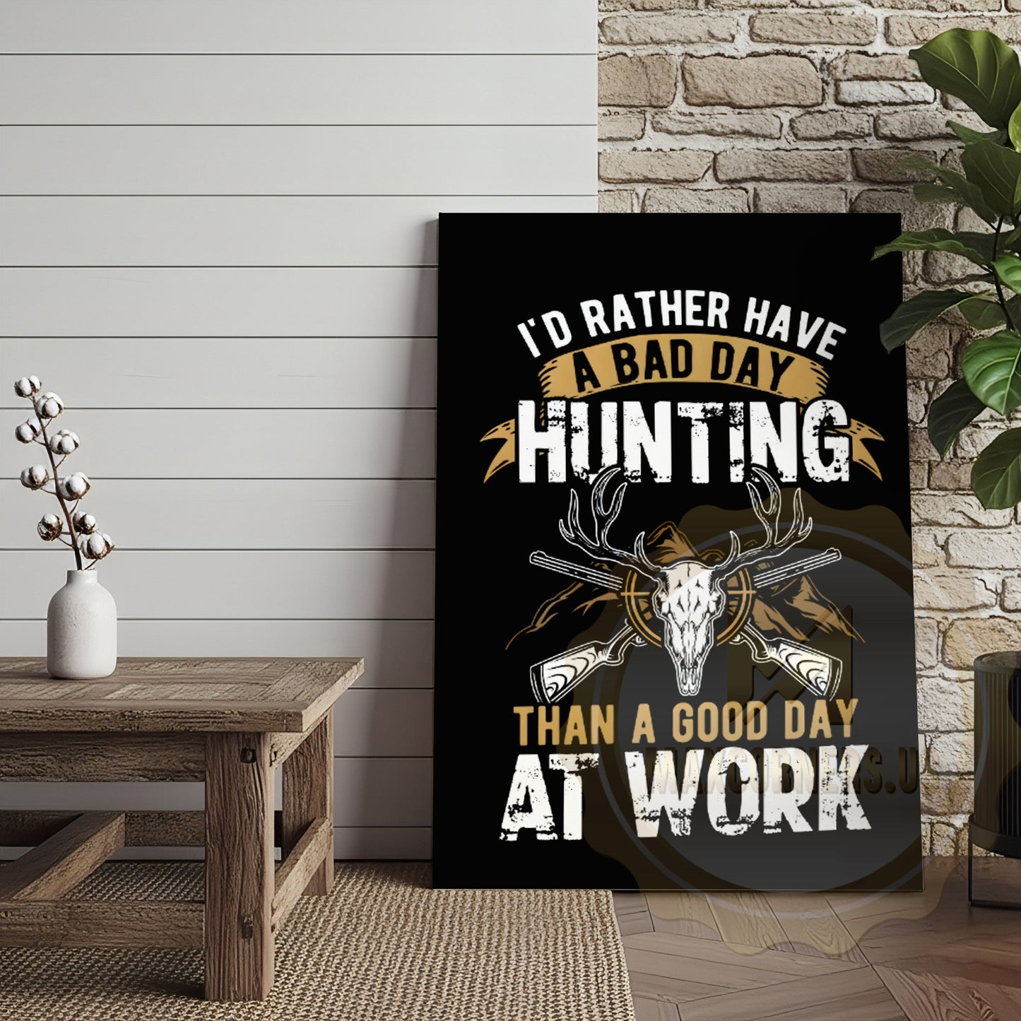 Hunting Quote Canvas Wall Art - Rather Hunt Than Work Skull Decor