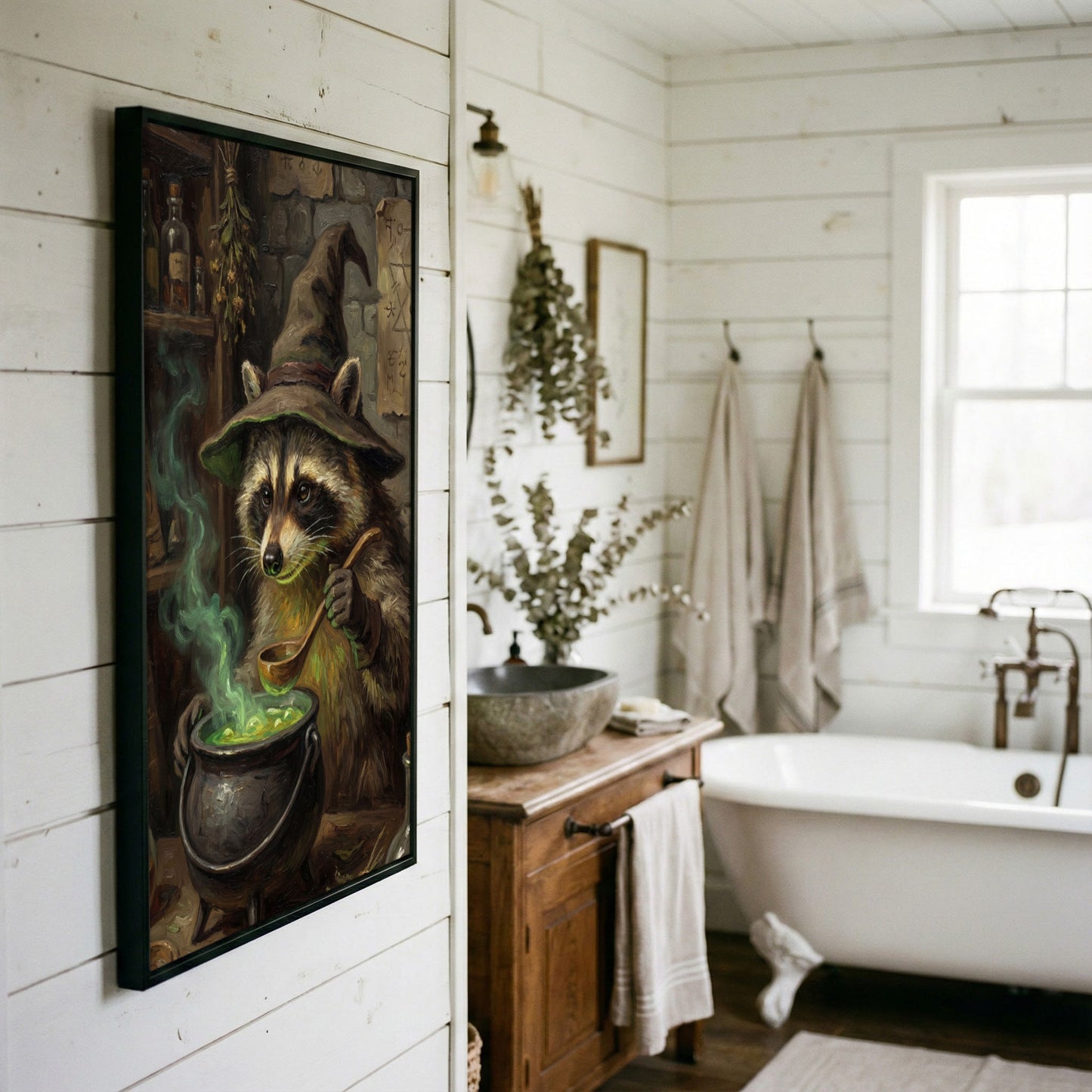 Wizard Raccoon Brewing Green Magic Potion Fantasy Canvas Wall Art