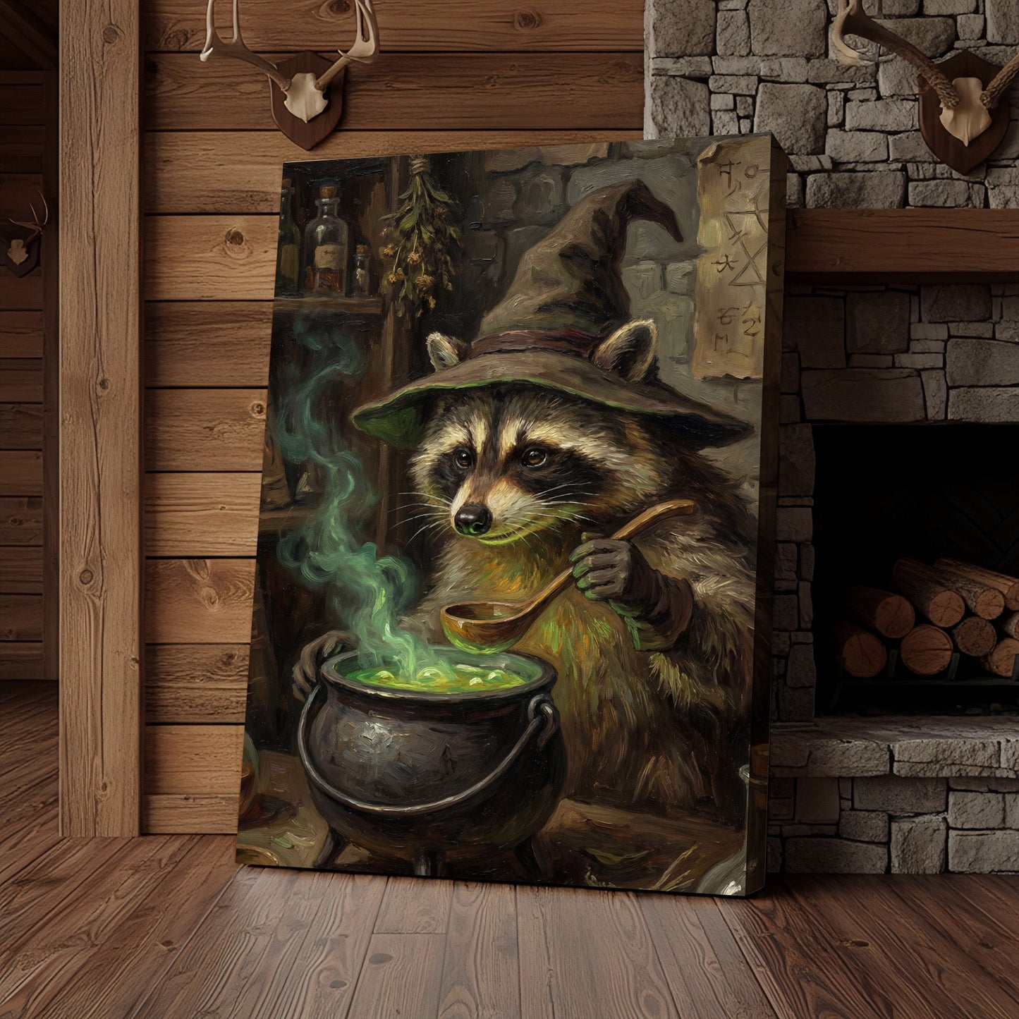 Wizard Raccoon Brewing Green Magic Potion Fantasy Canvas Wall Art