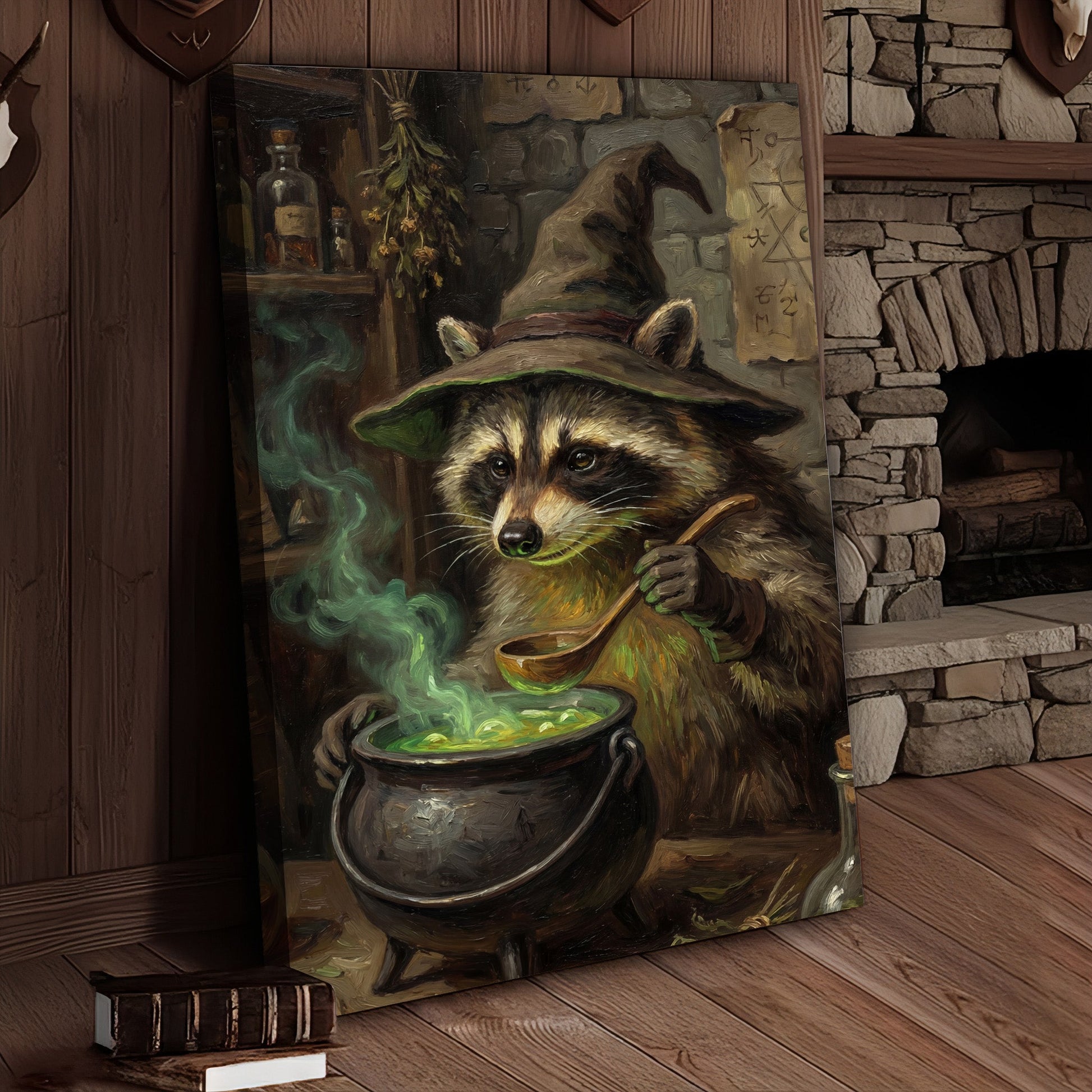 Wizard Raccoon Brewing Green Magic Potion Fantasy Canvas Wall Art