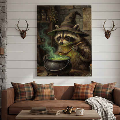 Wizard Raccoon Brewing Green Magic Potion Fantasy Canvas Wall Art