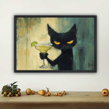 Black Cat Margarita Canvas Wall Art - Funny Cat Cocktail Print