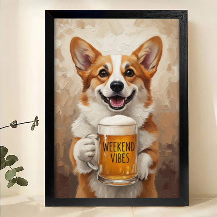 "Weekend Vibes" Corgi Beer Wall Art - Funny Dog Print