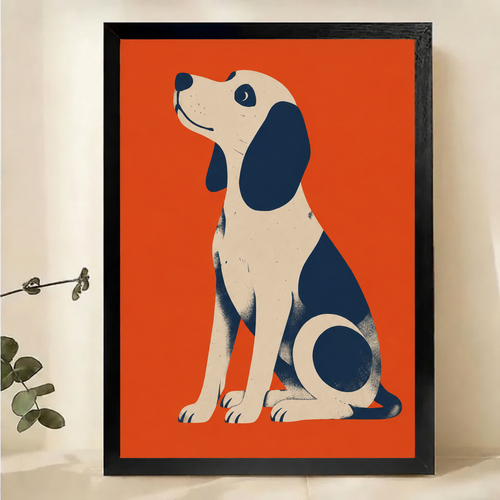 Beagle Looking Up Wall Art – Bold Retro Graphic Dog Canvas Print on Natural Wood Frame