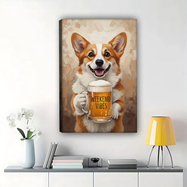 "Weekend Vibes" Corgi Beer Wall Art - Funny Dog Print