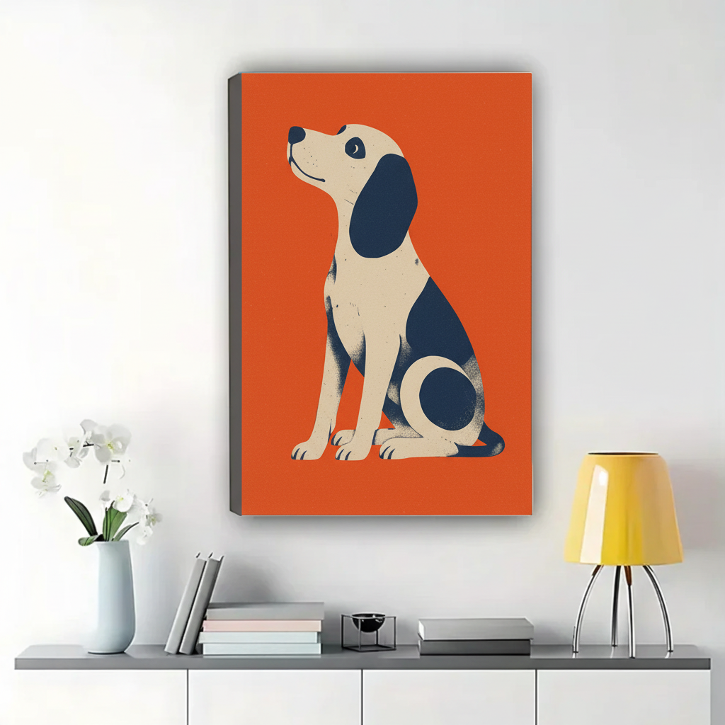 Beagle Looking Up Wall Art – Bold Retro Graphic Dog Canvas Print on Natural Wood Frame