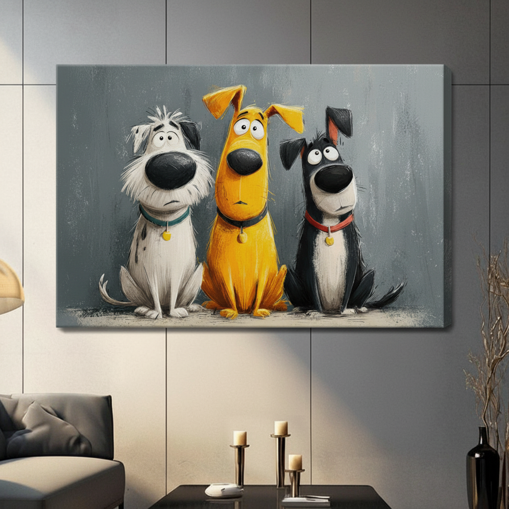 Three Funny Cartoon Dogs Portrait Canvas Wall Art