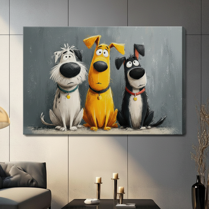 Three Funny Cartoon Dogs Portrait Canvas Wall Art