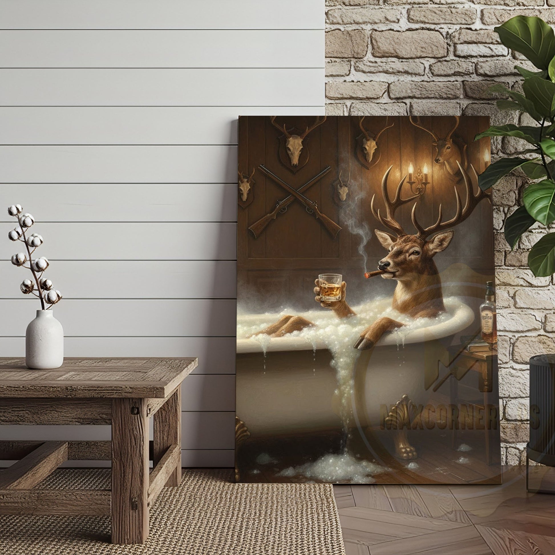 Deer Gentleman Sitting by Fireplace Wrapped Canvas