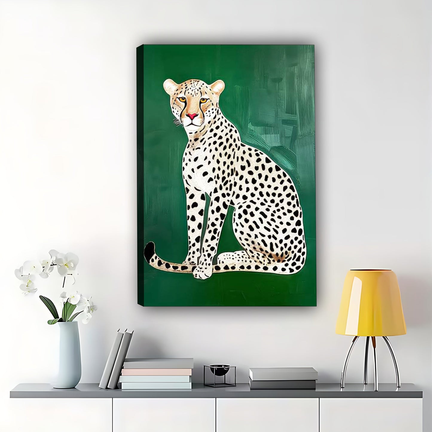 The Sleek Green-Background Leopard – Minimalist Modern Wall Art on Natural Wood Canvas