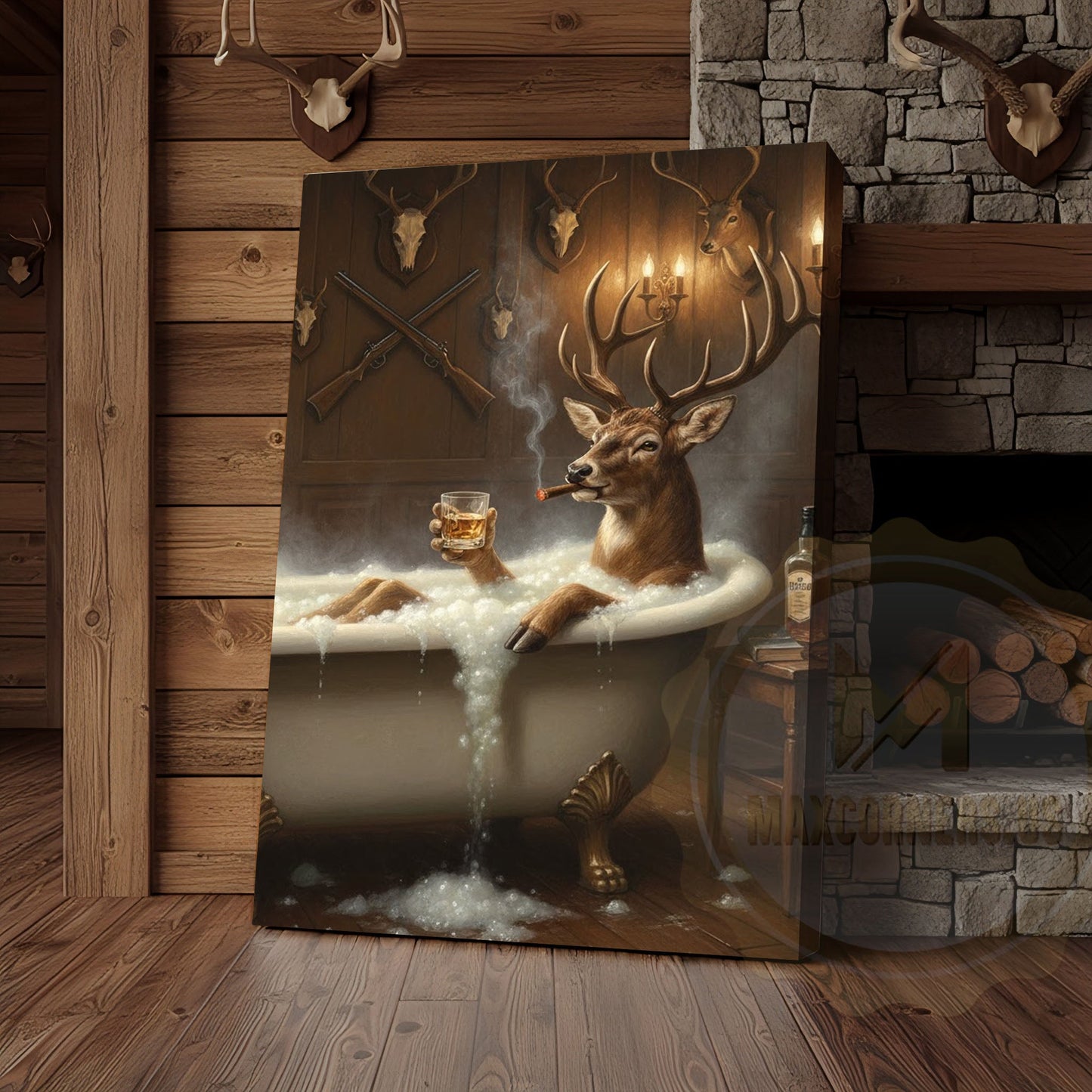 Deer Gentleman Sitting by Fireplace Wrapped Canvas