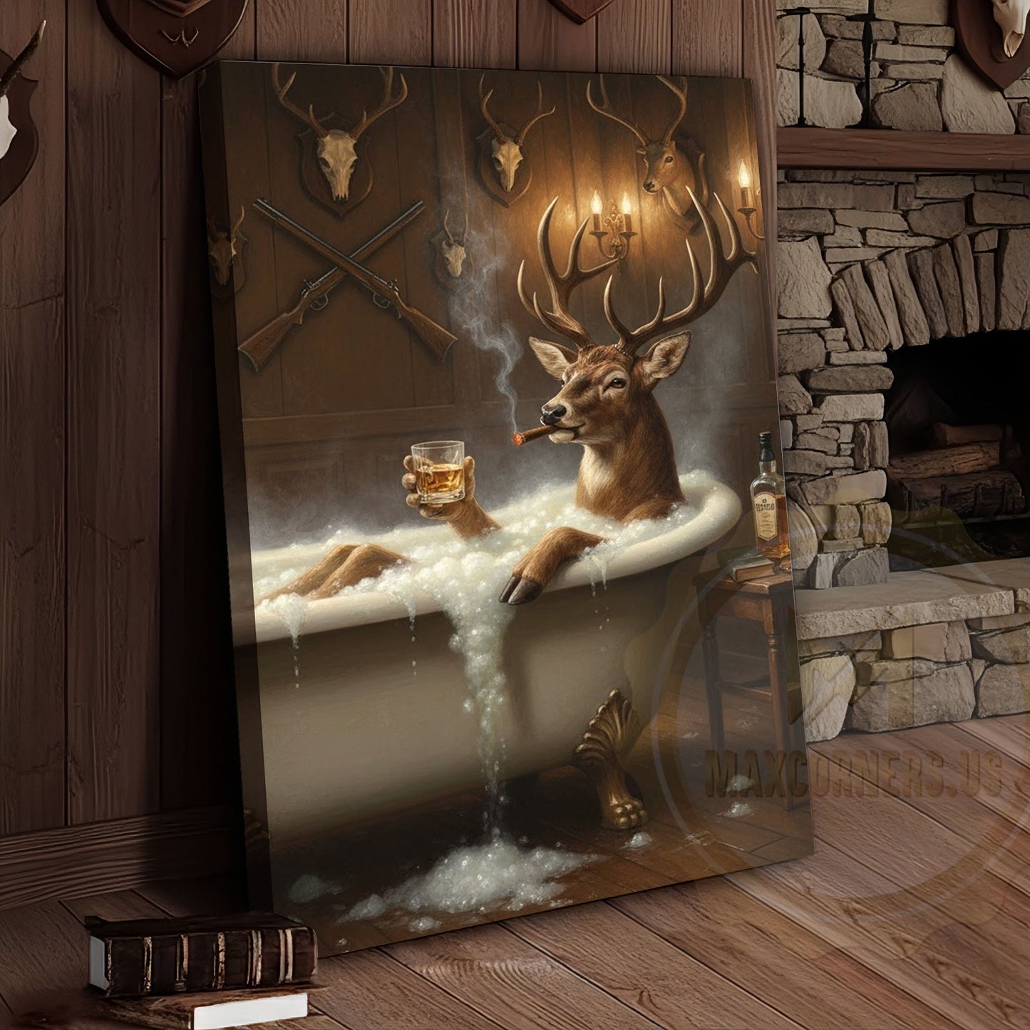 Deer Gentleman Sitting by Fireplace Wrapped Canvas