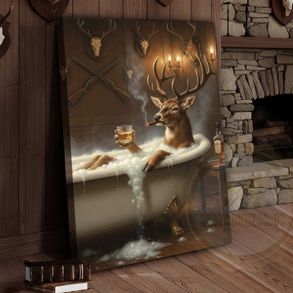 Deer Gentleman Sitting by Fireplace Wrapped Canvas