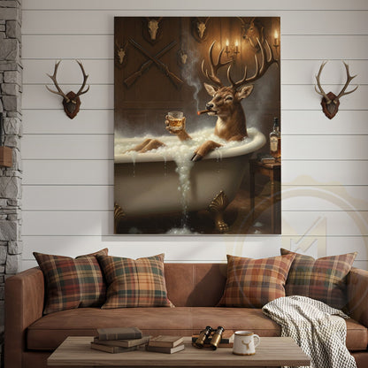 Deer Gentleman Sitting by Fireplace Wrapped Canvas