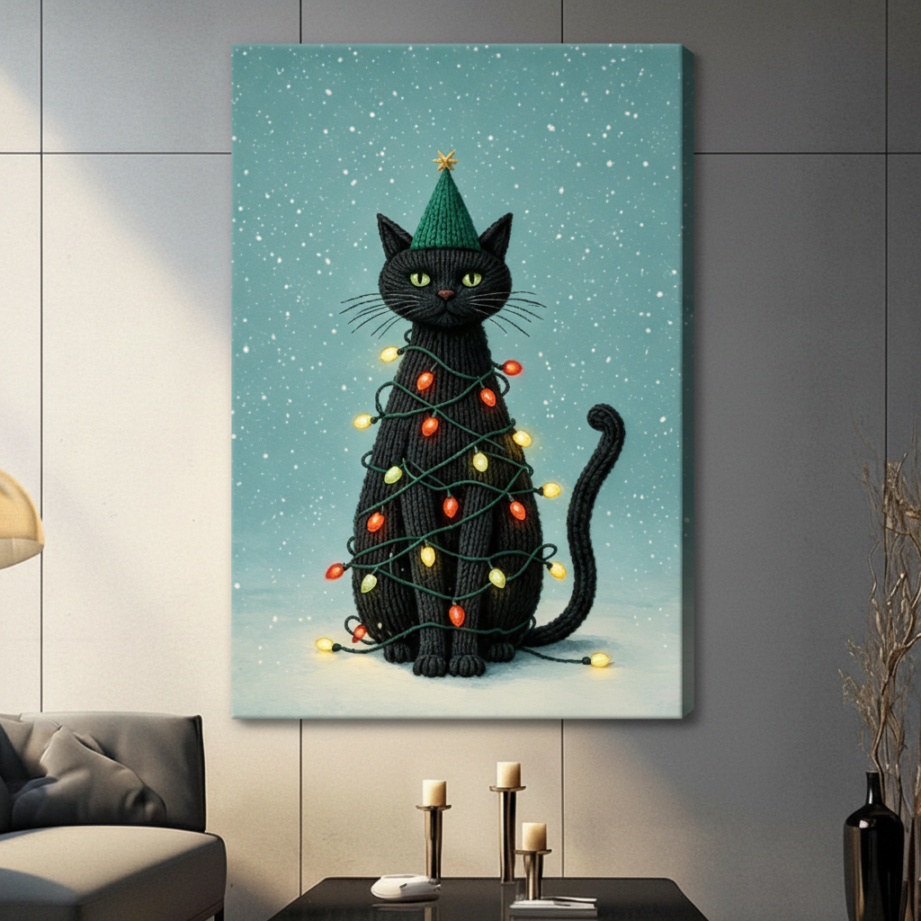 Christmas Black Cat Knit Lights Holiday Canvas Art