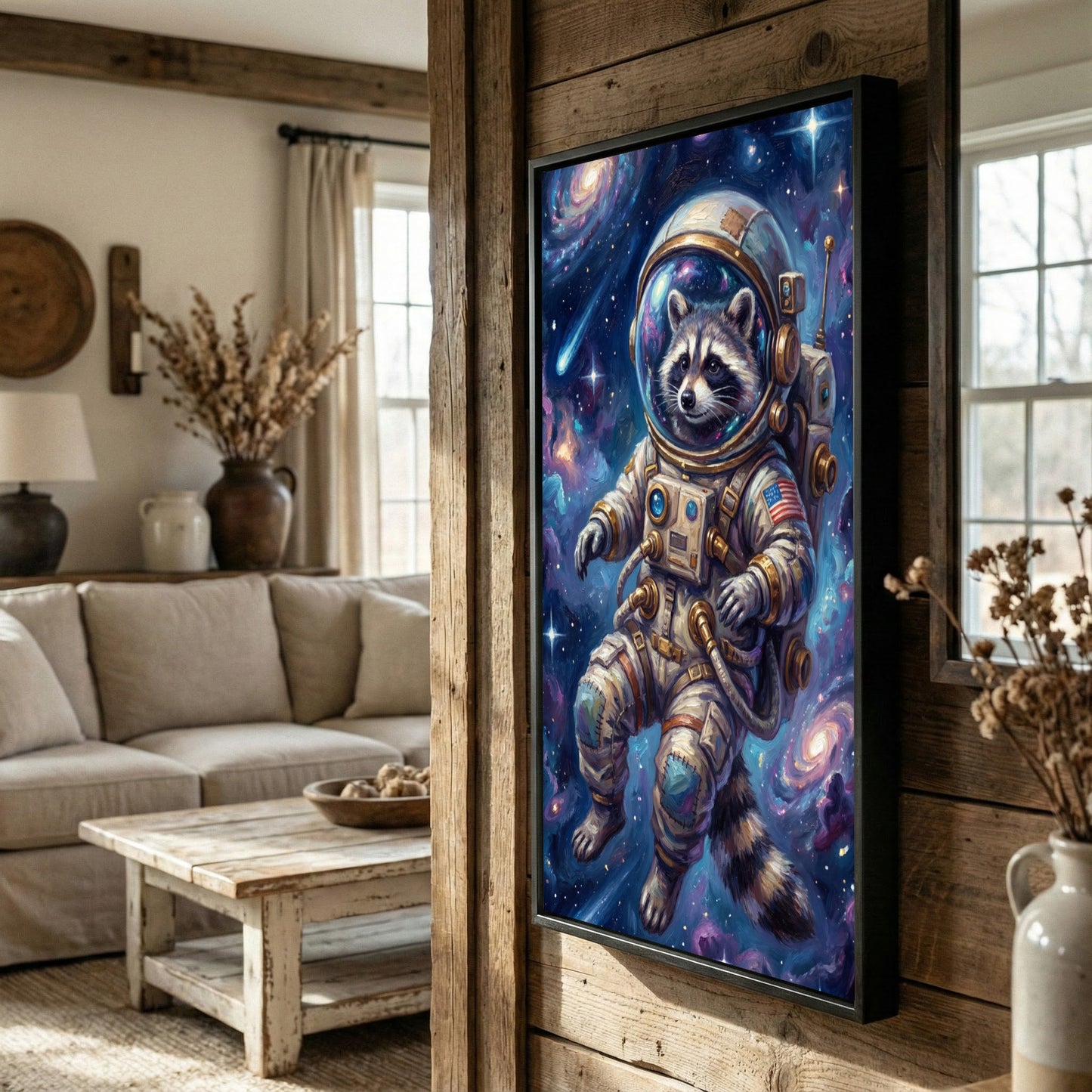 Astronaut Raccoon Floating in Outer Space Galaxy Art Canvas Wall Art