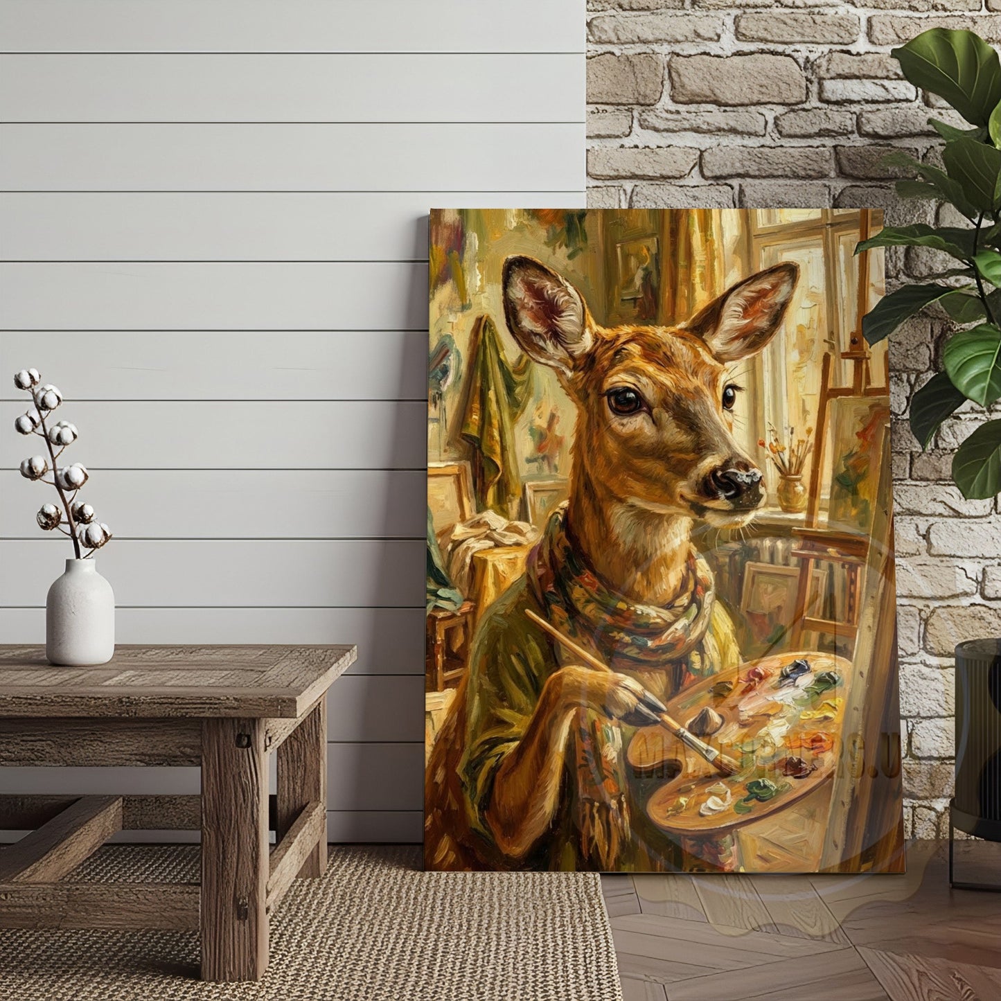 Whimsical Deer Artist Canvas - Anthropomorphic Wildlife Painter Print