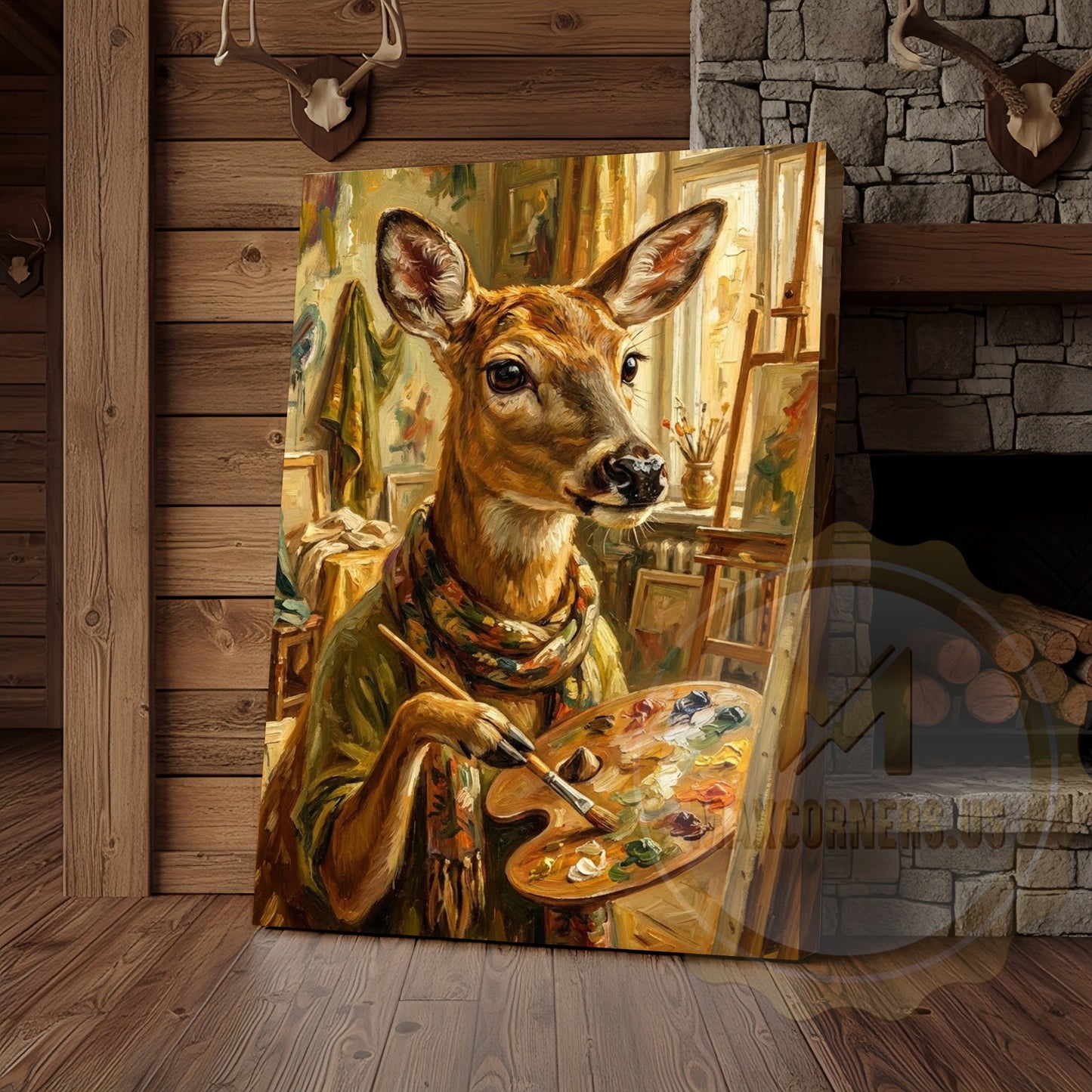 Whimsical Deer Artist Canvas - Anthropomorphic Wildlife Painter Print