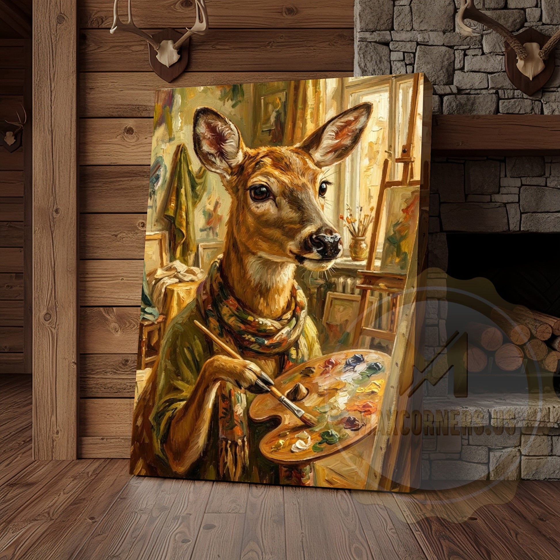 Whimsical Deer Artist Canvas - Anthropomorphic Wildlife Painter Print