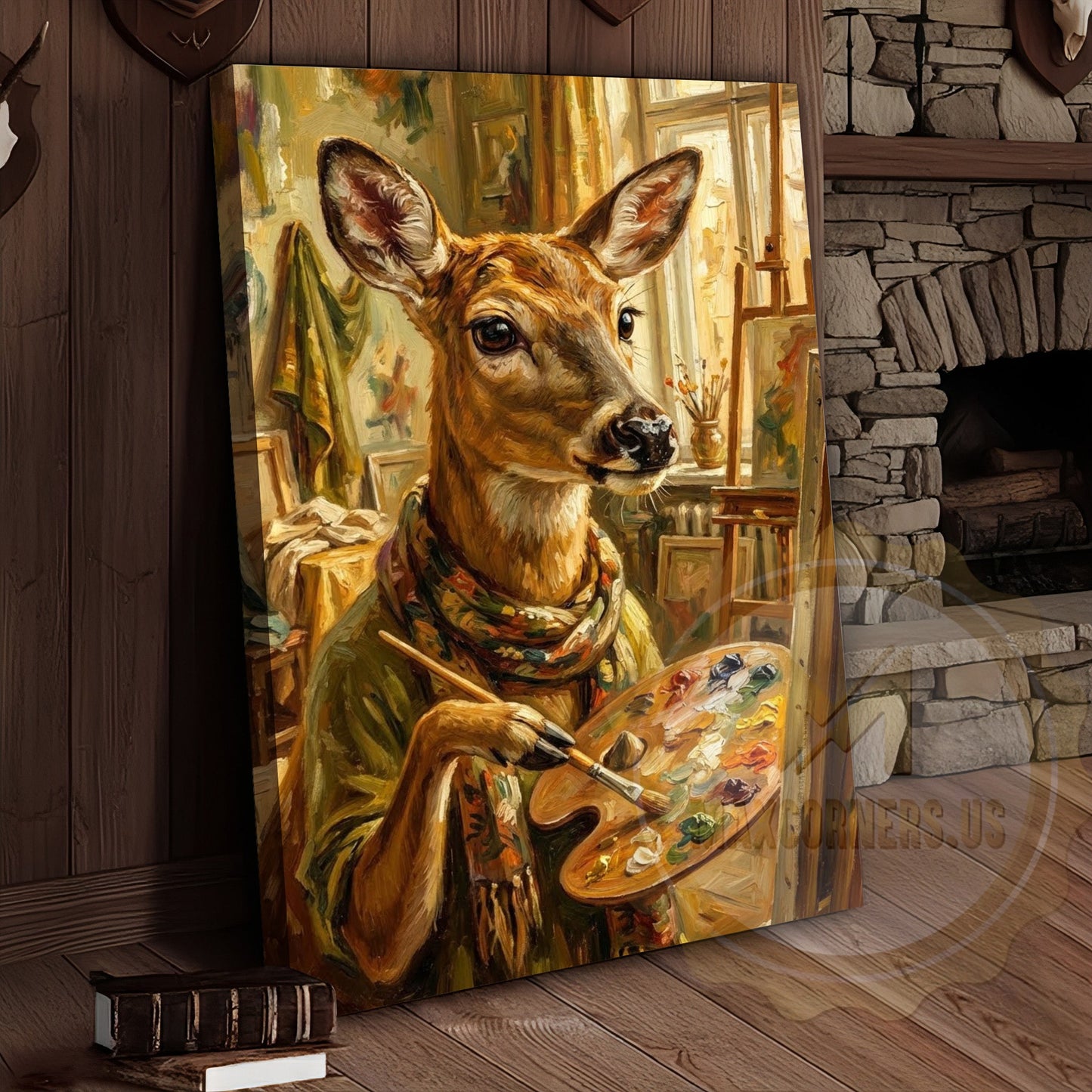 Whimsical Deer Artist Canvas - Anthropomorphic Wildlife Painter Print