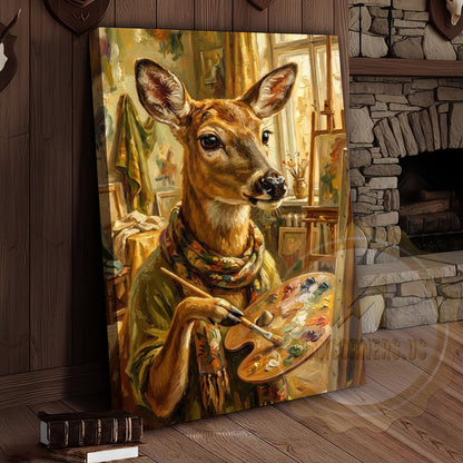 Whimsical Deer Artist Canvas - Anthropomorphic Wildlife Painter Print