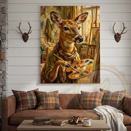 Whimsical Deer Artist Canvas - Anthropomorphic Wildlife Painter Print