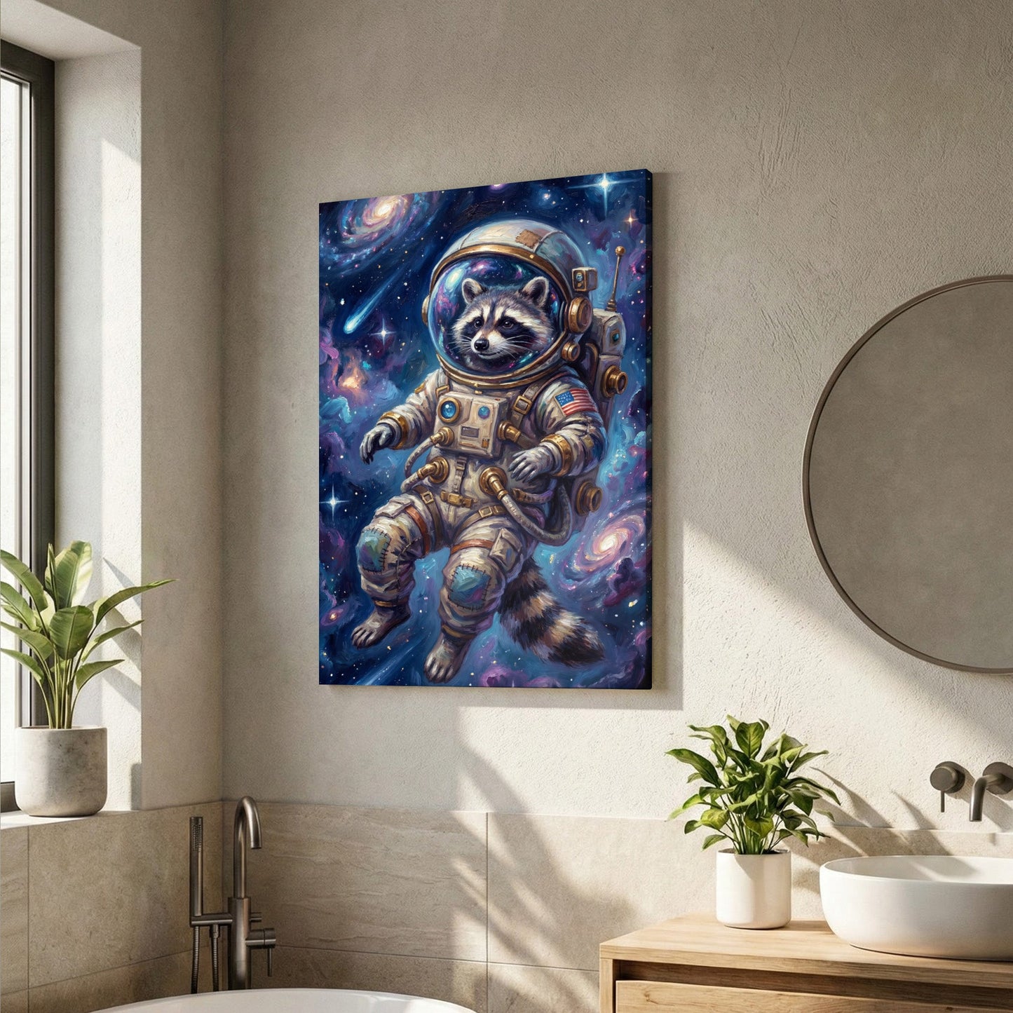 Astronaut Raccoon Floating in Outer Space Galaxy Art Canvas Wall Art