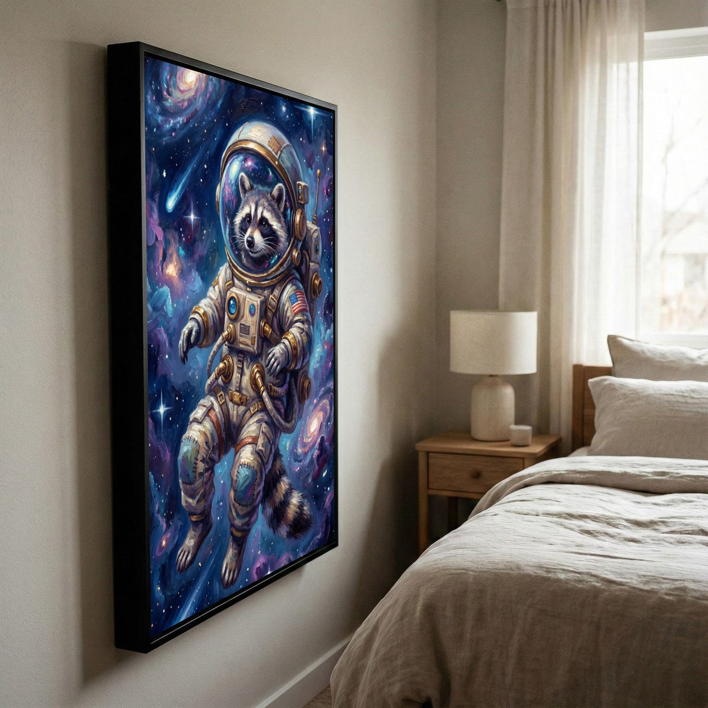 Astronaut Raccoon Floating in Outer Space Galaxy Art Canvas Wall Art
