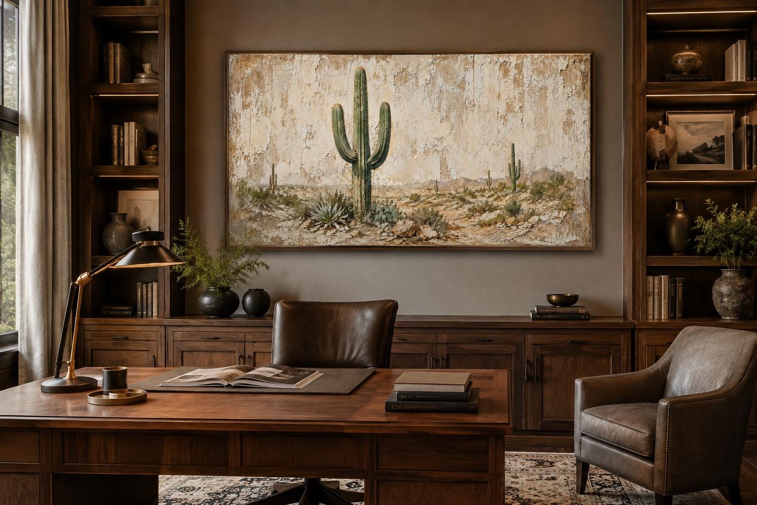 Minimalist Desert With Saguaro Cactus Painted on Neutral Weathered Wood Background Canvas Wall Art