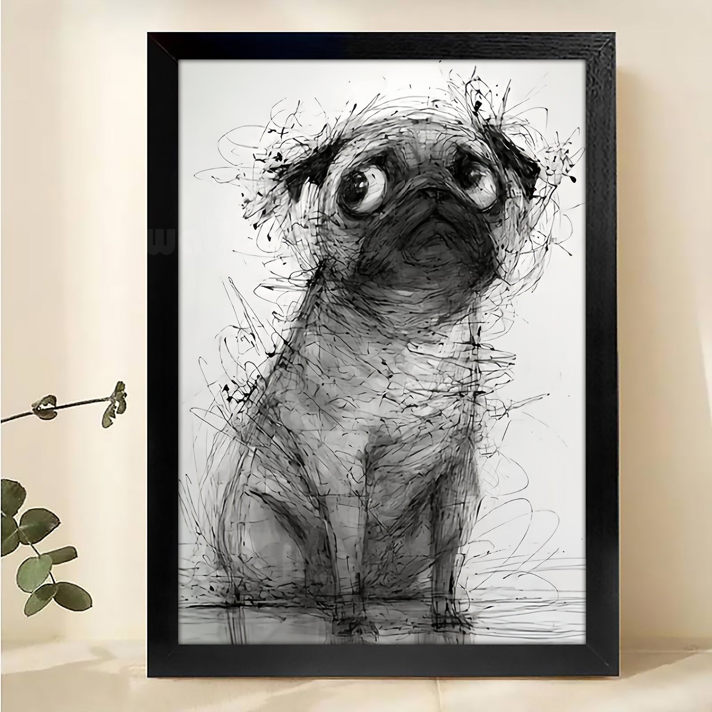 The Sketch-Style Pug – Minimalist Line Art Wall Art on Natural Wood Canvas
